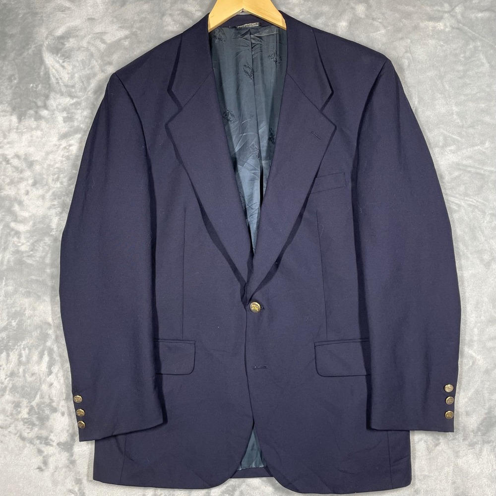 Burberrys Saks Fifth Avenue Mens Navy Blue 100% Wool Blazer Gold Crest Buttons